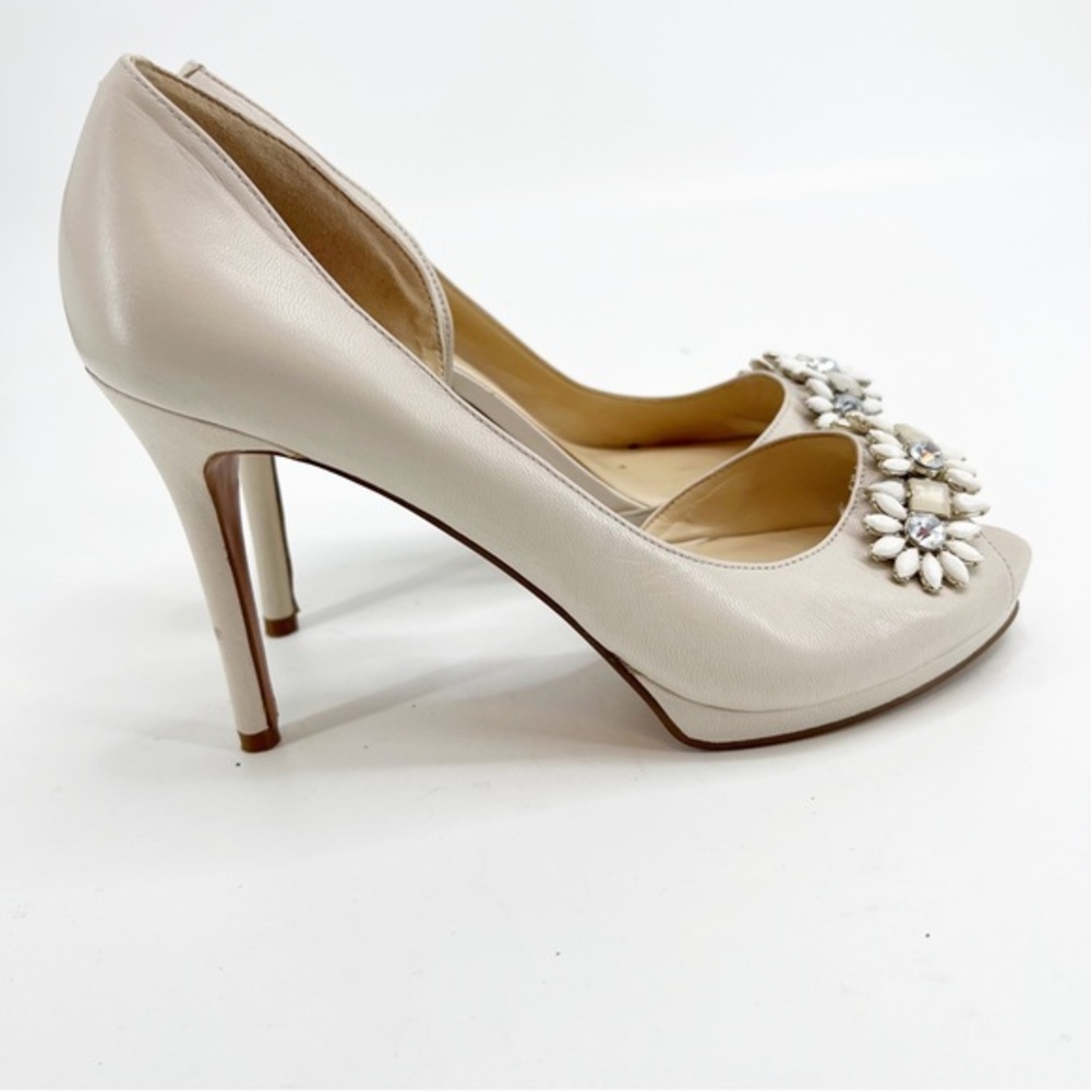 Nine West Cream Leather D’Orsay Jeweled Peep Heels, Size 8.5M - Picture 4 of 10